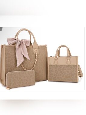 Taupe 4n1 Leopard-Print Tote Bag with side bag , wallet and Scarf Accent